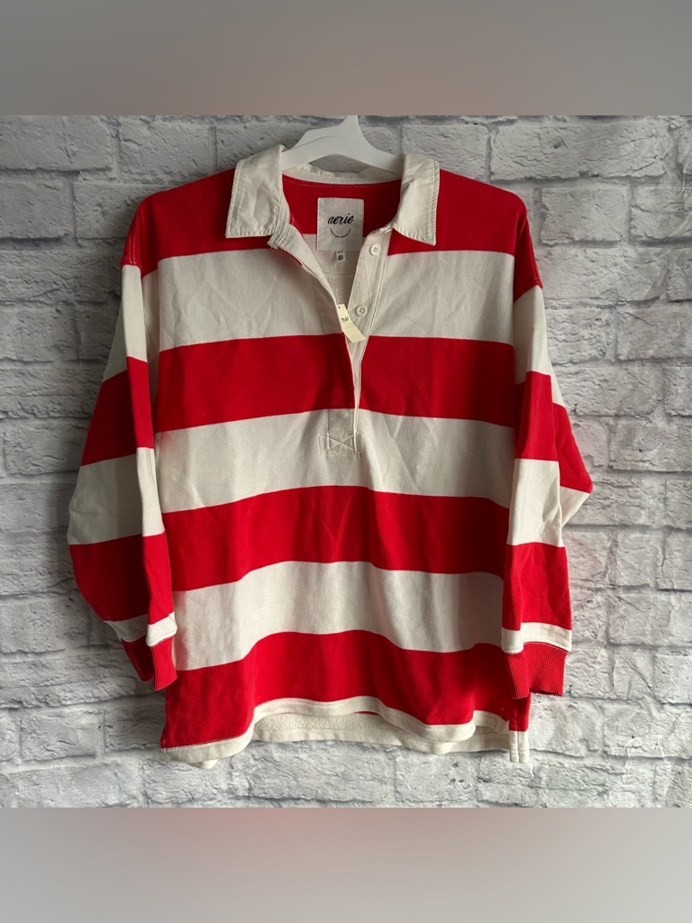 NEW WITH TAGS AERIE RUGBY OVERSIZED RED STRIPE POLO SHIRT MEDIUM M